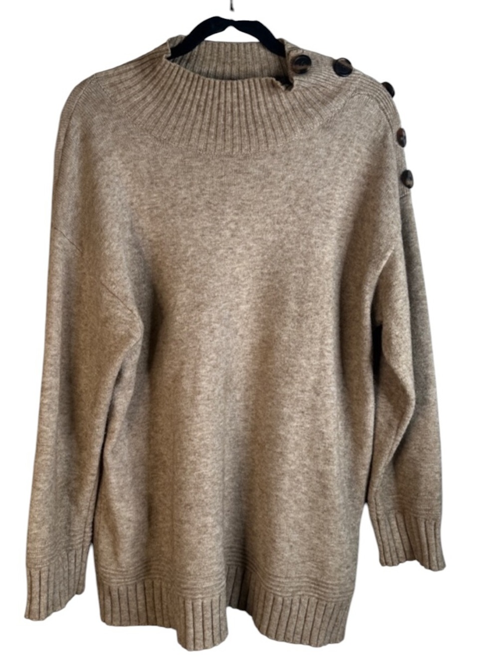 Anthropologie Tan Knit Cowl Neck Button Shoulder Comfy Long Sleeve Sweater Sz M - Picture 2 of 9